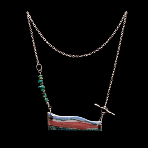 Seaside landscape porcelain bar necklace with turquoise gemstones and silver chain