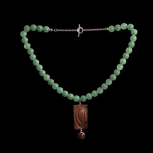 Aventurine beads with copper and petrified wood pendant
